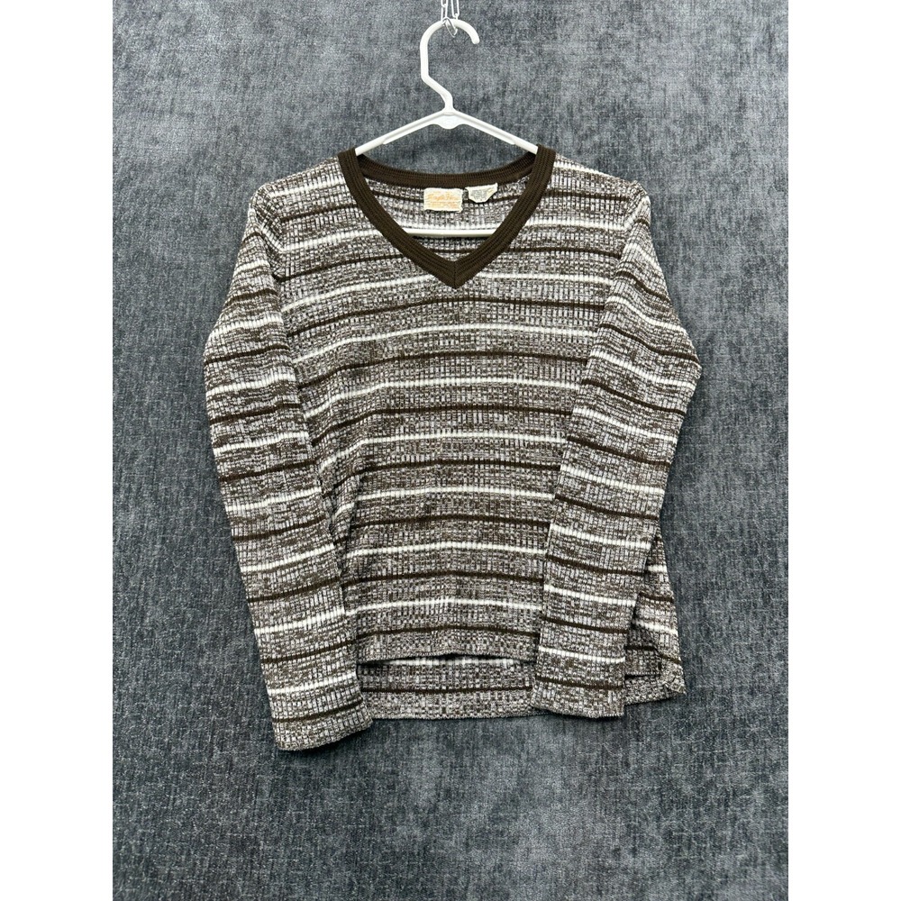 Acrylic Fibre Cropped Sweater Women Small Gray Striped Tight Knit Ribbed‎ V Neck